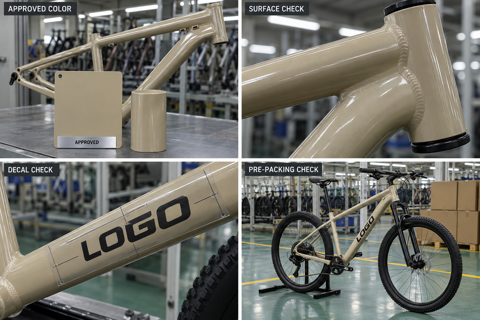 Beige bicycle color, surface, decal and pre-packing inspection.