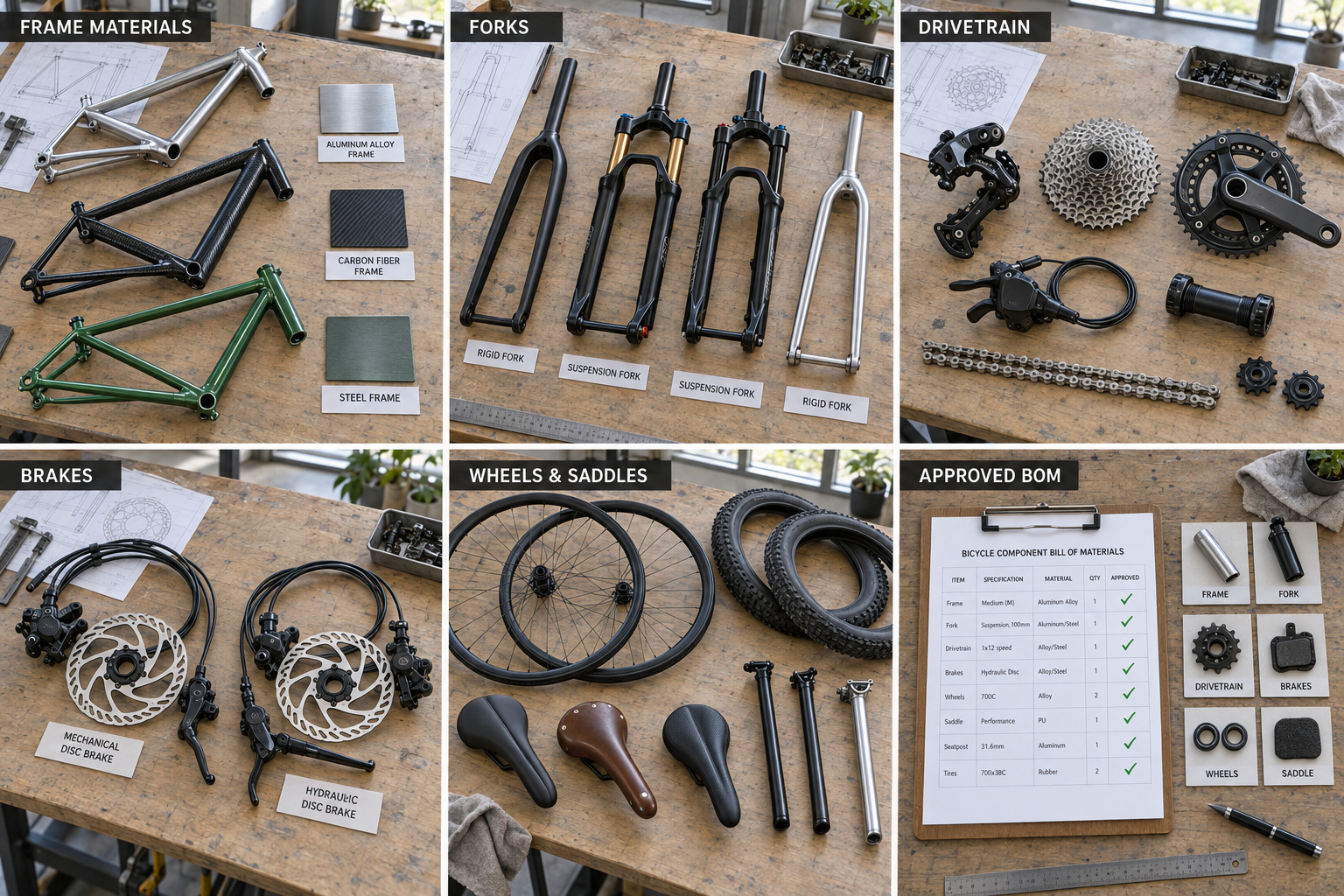 Bicycle frames and components arranged flat for BOM selection.