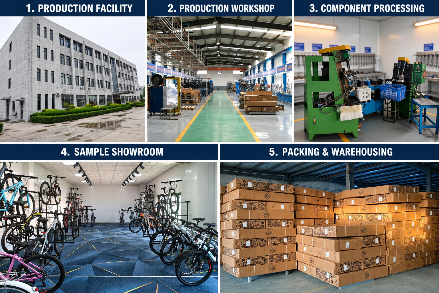 Bicycle manufacturing facility, production workshop, component processing, sample showroom and warehouse