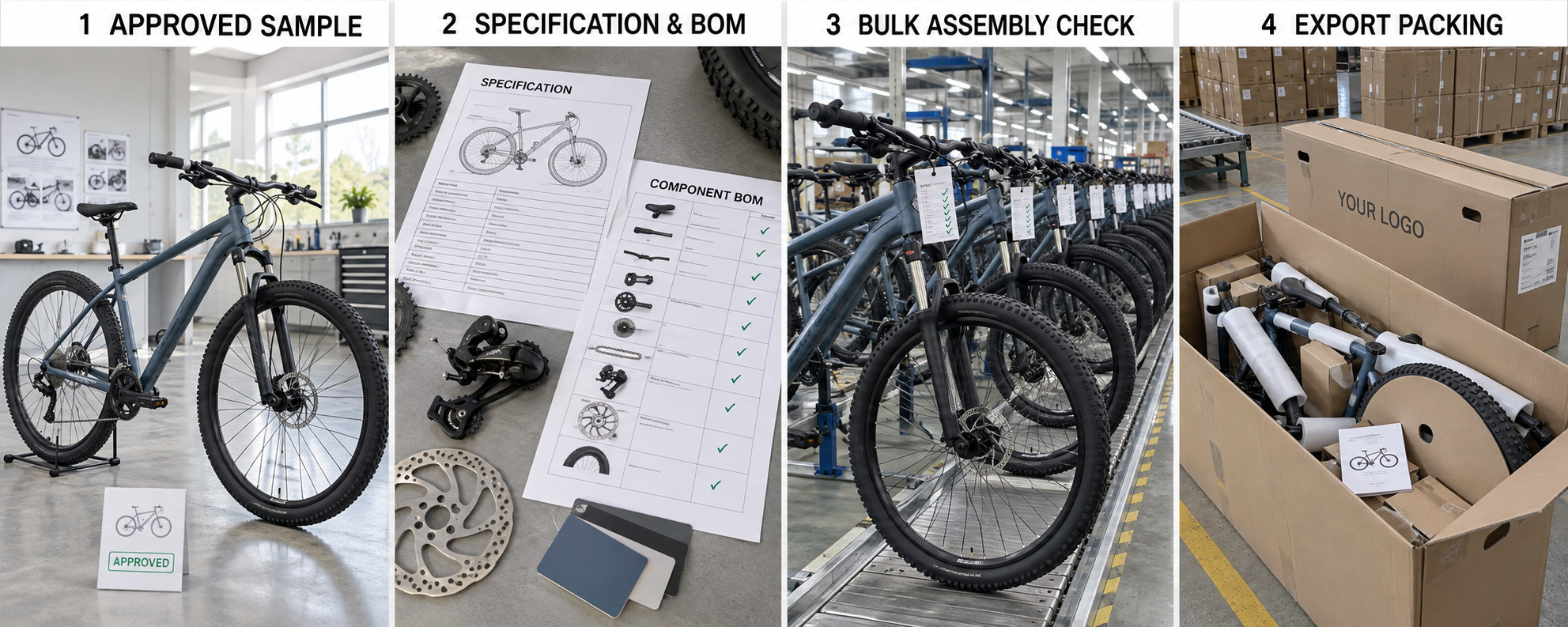 Bicycle sample approval, BOM check, bulk inspection and export packing.