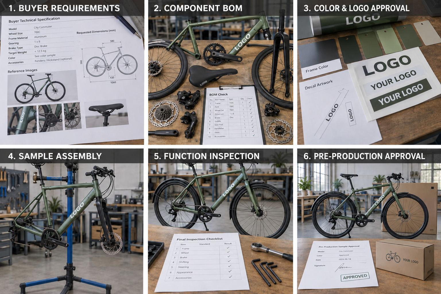 Bicycle sample assembly, inspection and production approval.