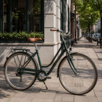 Step-through city bicycle on a tree-lined street, showing commuter frame design, rear rack and everyday riding setup.