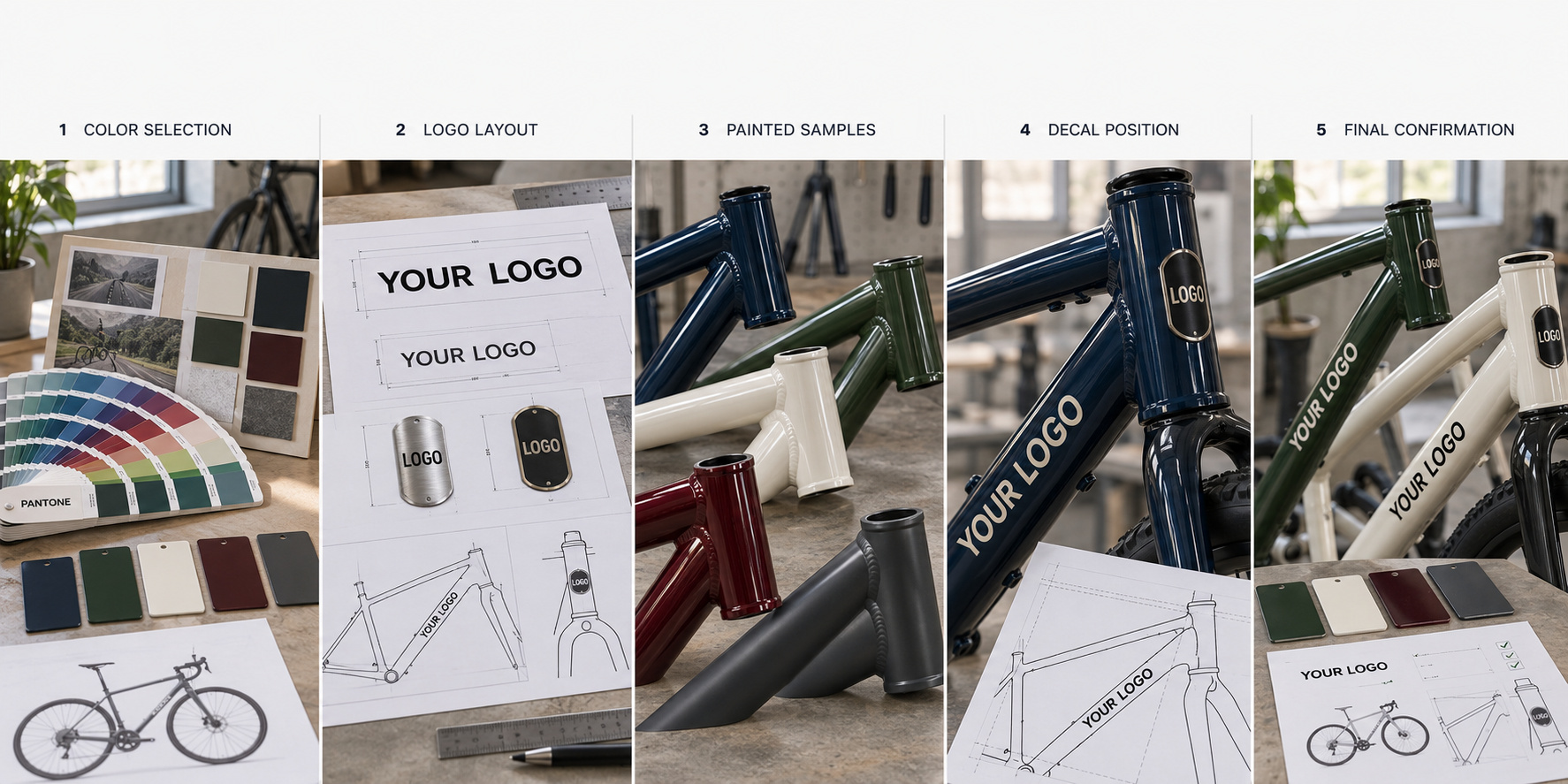 Custom bicycle color and branding confirmation steps.