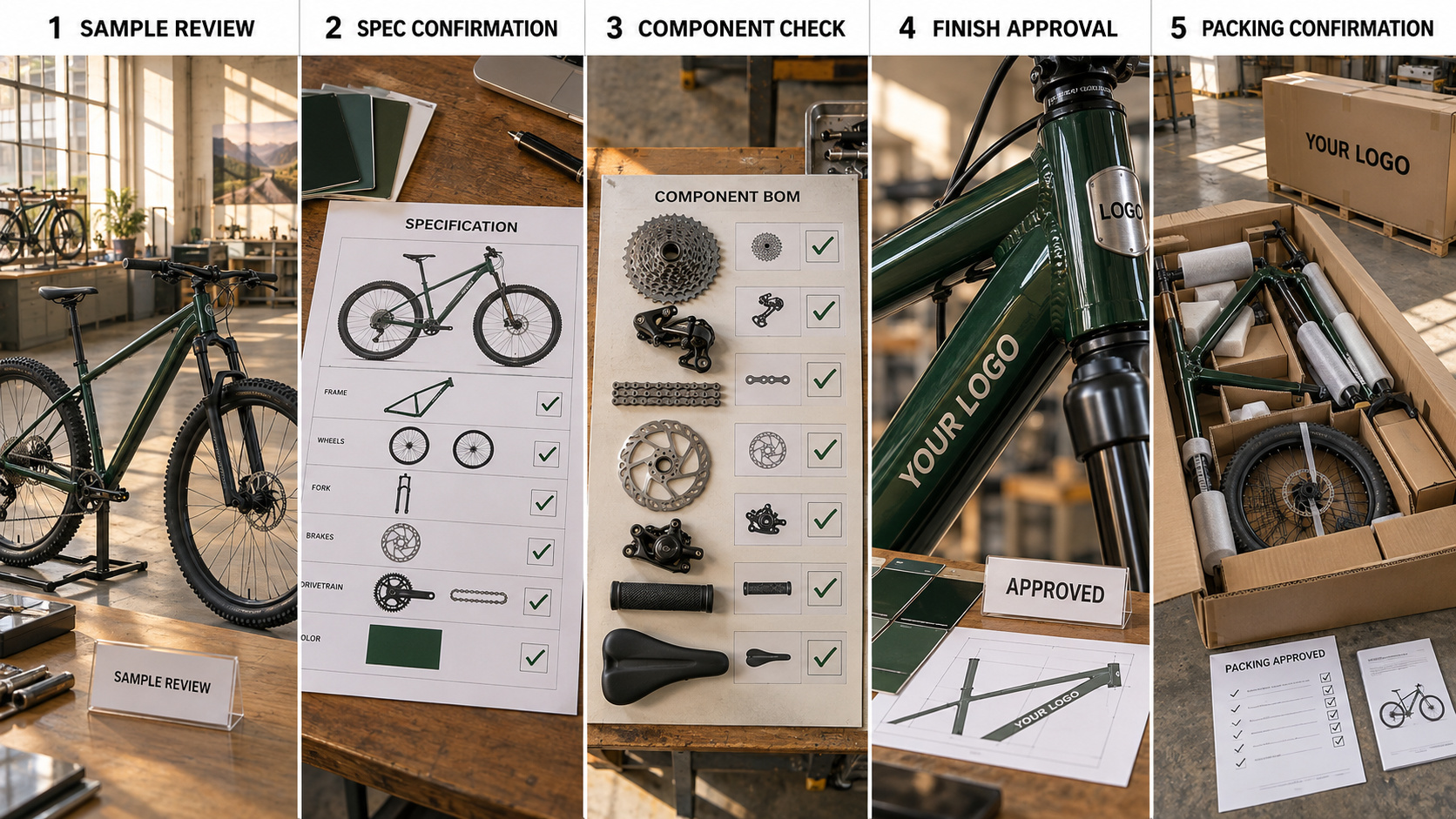 Custom bicycle sample review and packing confirmation steps.