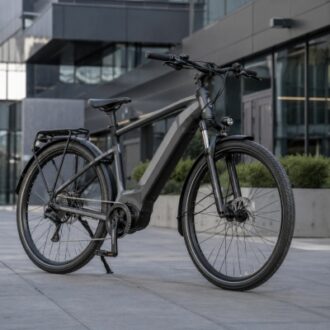Modern electric bike parked in an urban setting, featuring integrated battery design, front suspension and rear rack.