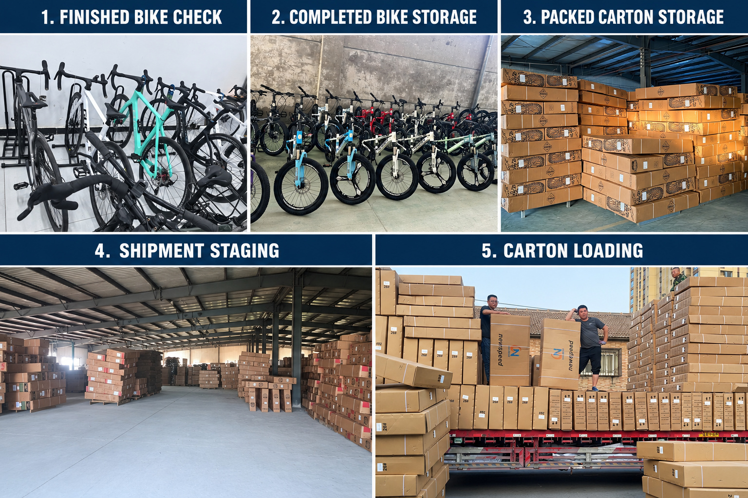 Finished bicycle inspection, carton storage and export loading