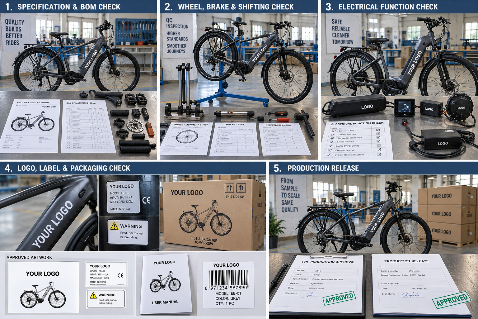 Five-step OEM bike sample inspection and production approval process.