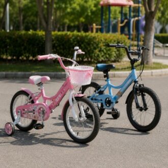 Two children’s bicycles in a park setting, including a pink bike with basket and a blue bike, both designed for beginner riding.