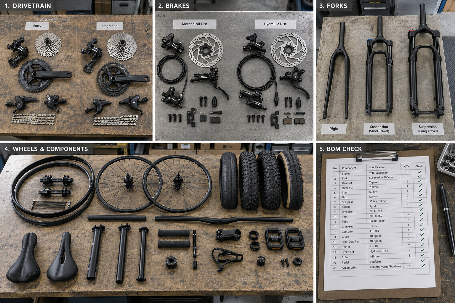 OEM bicycle components arranged for specification approval.