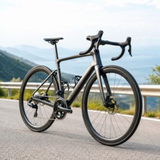 Lightweight road bike displayed on a paved mountain road, highlighting aerodynamic frame lines, drop handlebars and performance wheelset.